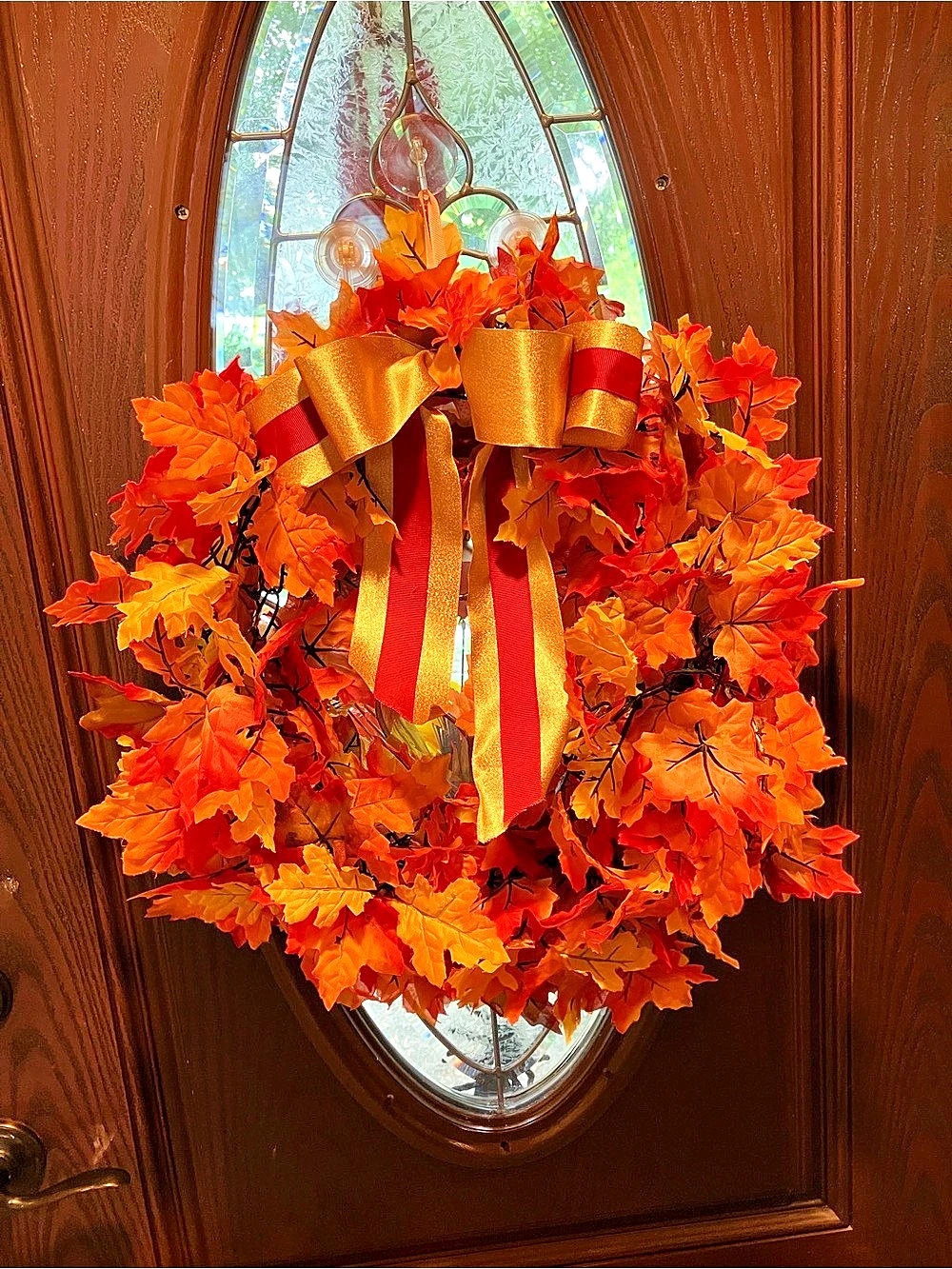 Fall Harvest Leaf Wreath with Gold & Burgundy Bow 20”